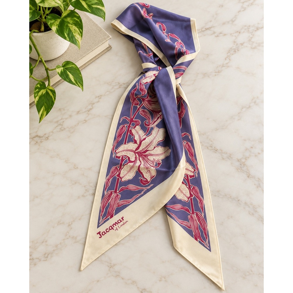 Vintage Jacqmar of London Floral Scarf Purple Lily Neck Mid Century Botanical